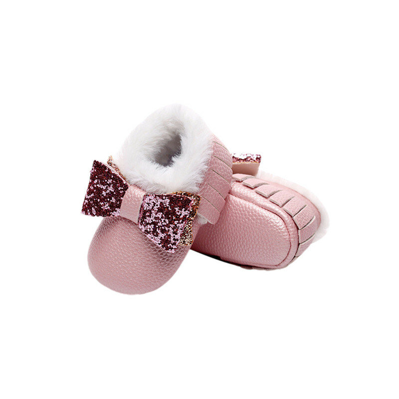 Scarpe da bambino invernali con fiocco lucido da bambina stivaletti caldi con nappine di peluche stivali da bambina per ragazzi velluto di pelliccia per scarpe invernali per bambini