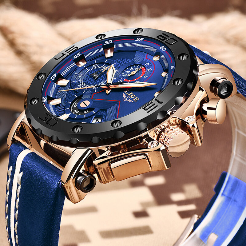 2019 nova lige relógios dos homens marca superior luxo grande dial militar relógio de quartzo casual couro à prova dwaterproof água esporte cronógrafo relógio masculino