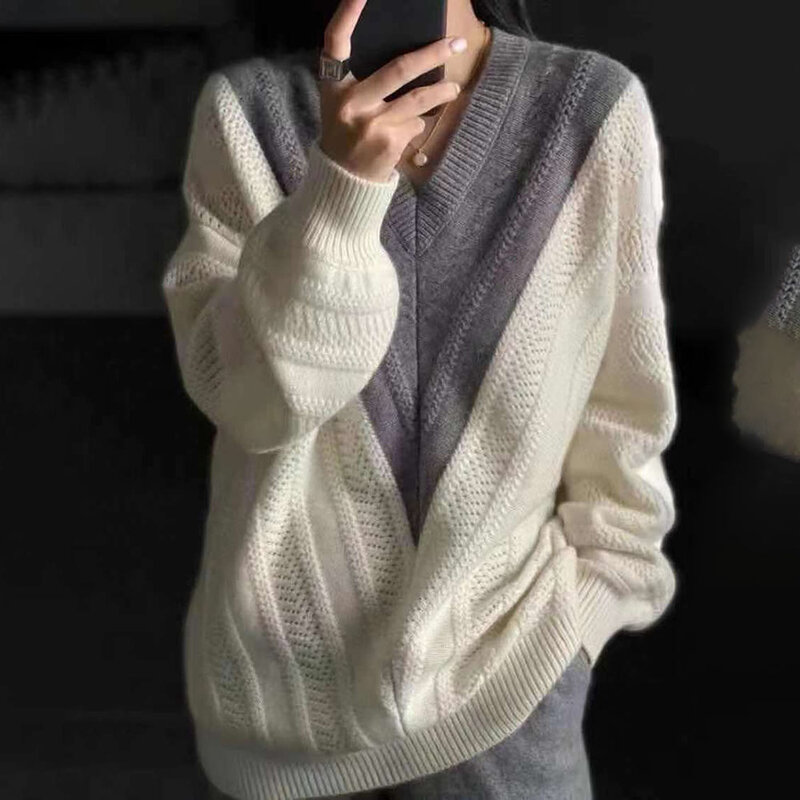 Sweter damski V-neck sweter kaszmirowy z dzianiny Lady wełniany sweter zimowy luźny dzianinowy warstwa wierzchnia moda Casual Japan Style odzież