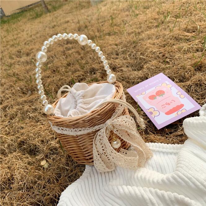 New Pearl Beach Bags Hand-woven Handbags Vegetable Basket Bag Vacation Girl Lace Bow Bucket Bag Summer Lady Tote Female Bag