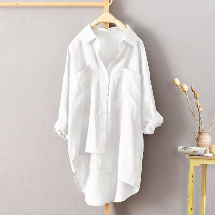 Camisa de manga larga con doble bolsillo para mujer, cárdigan informal coreano de lino y algodón, con protección solar, talla grande, tendencia, novedad