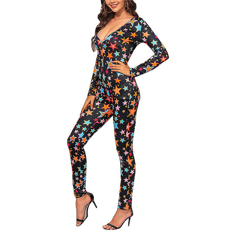 2020 패션 트렌드 여성 가을 새로운 Jumpsuit 긴 소매 스타 패턴 인쇄 캐주얼 스키니 라운지 착용 Sleepwear 스키니 Playsuit