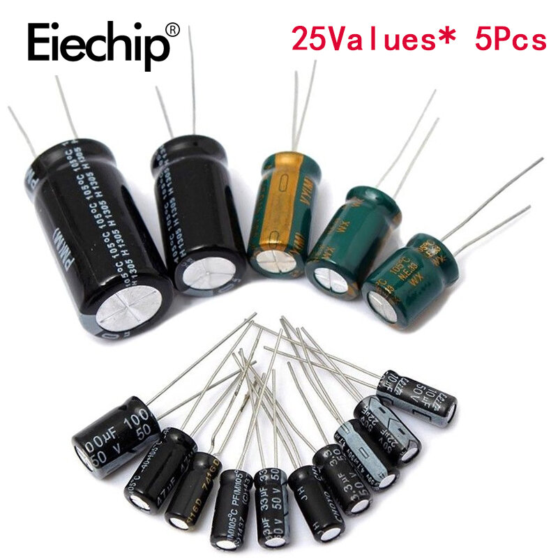 Kit de capacitor eletrolítico 16v/25v/50v, 125 uf-2200uf com 25 valor 1uf-1000uf, conjunto de capacitores eletrolíticos, 470uf, 100uf, uf