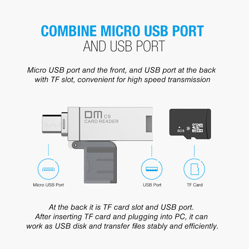 قارئ بطاقة ذاكرة Micro SD/TF للهواتف الذكية ، DM OTG CR009 ، للهواتف الذكية التي تعمل بنظام android مع واجهة Micro USB