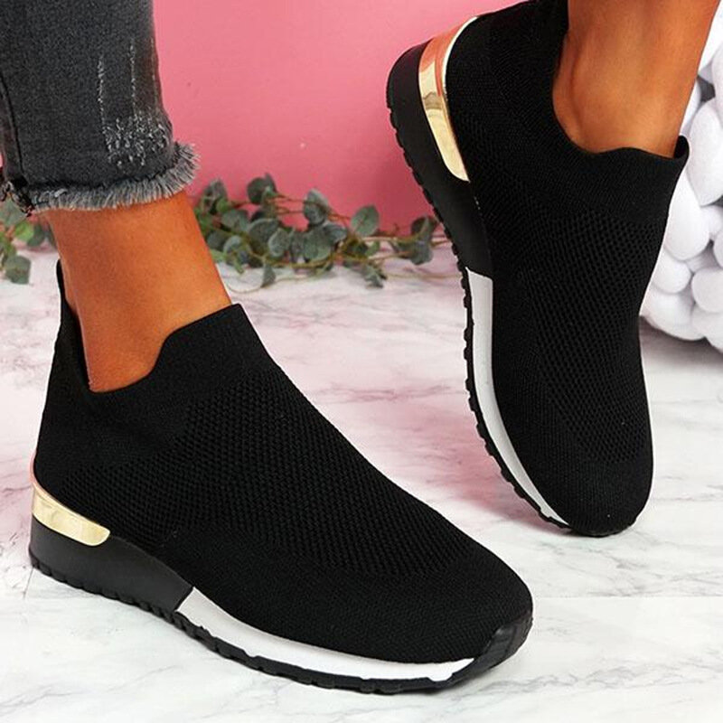 Vulcanize Shoes Sneakers Women Shoes Solid Color Sneakers For Female Ladies Slip-On Knit Shoes Sport Mesh Casual Shoes For Women