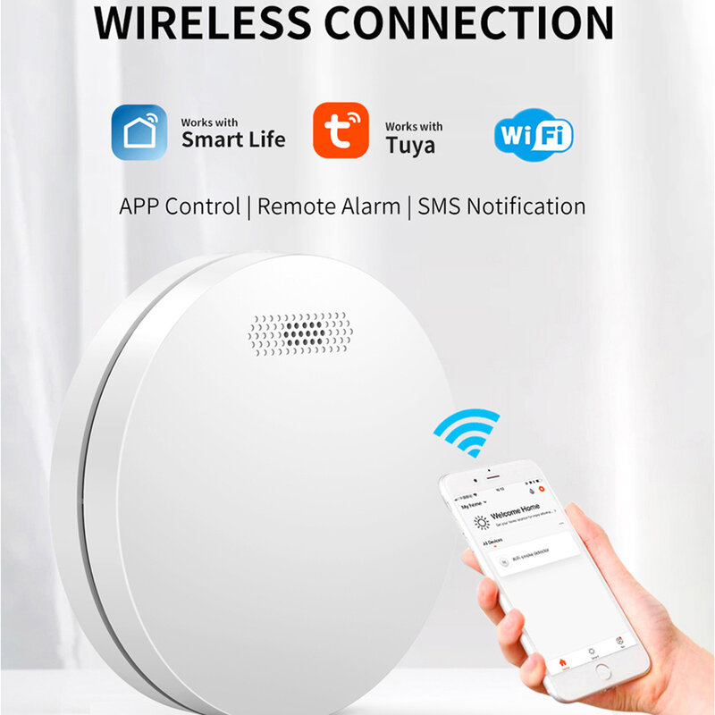 WiFi เครื่องตรวจจับควัน Smoke Fire Protection Home Security Alarm System Tuya Wireless Sensor Smoke Fire Detector 85DB นาฬิกาปลุก