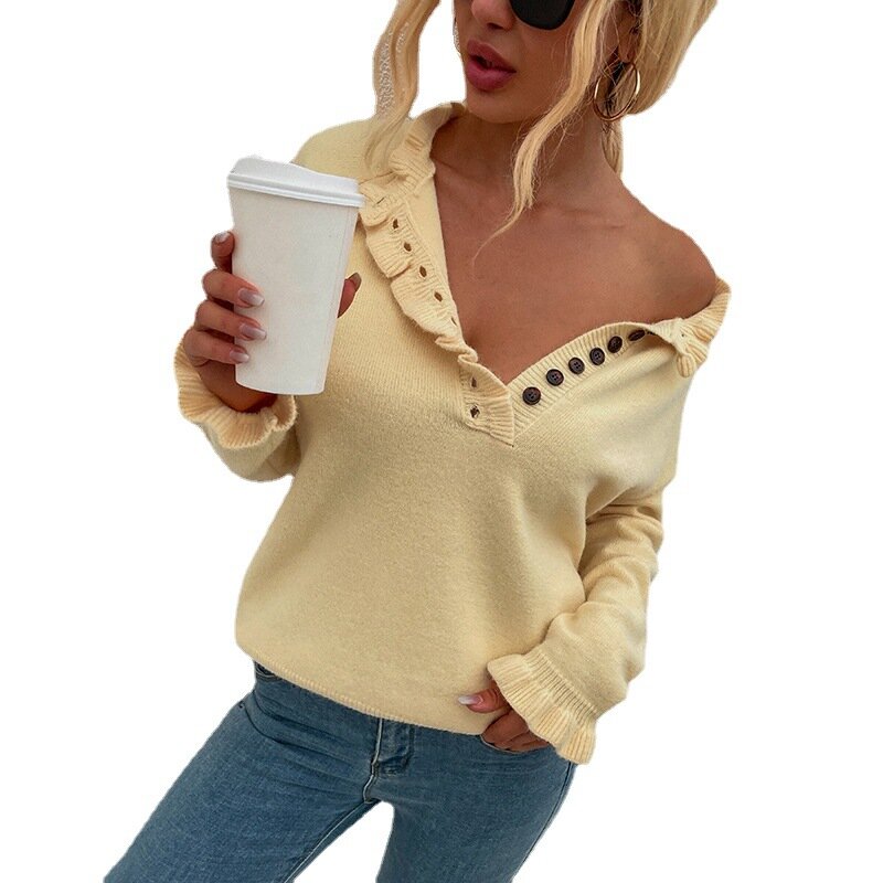 Свитер женский на пуговицах, повседневный офисный хлопковый свитер с оборками, V-образным вырезом, пэчворк, длинным рукавом
