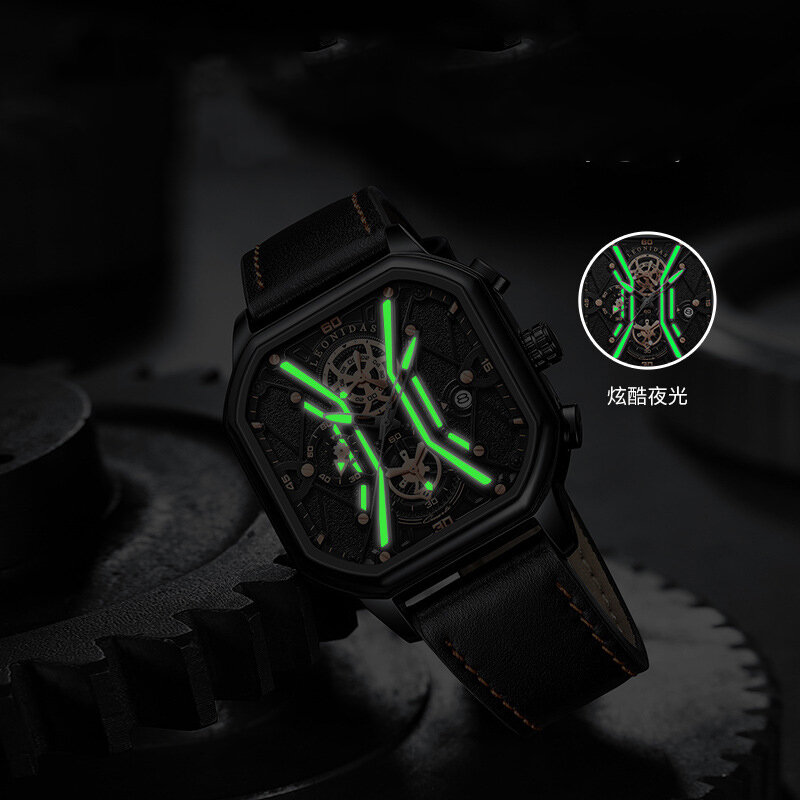 LEONIDAS-Reloj de pulsera de cuarzo para hombre, accesorio de pulsera resistente al agua con espejo Hardlex, Individual, luminoso, a la moda