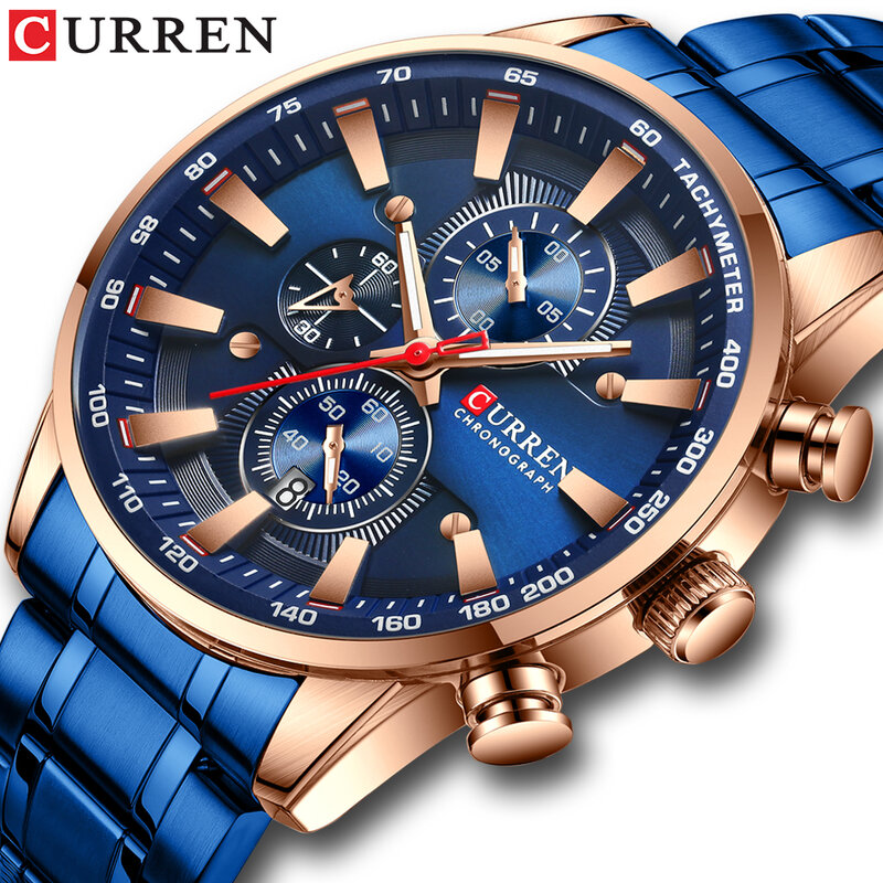 CURREN-Reloj de pulsera de acero inoxidable para hombre, cronógrafo de cuarzo, luminoso, a la moda, con fecha, camiseta nueva