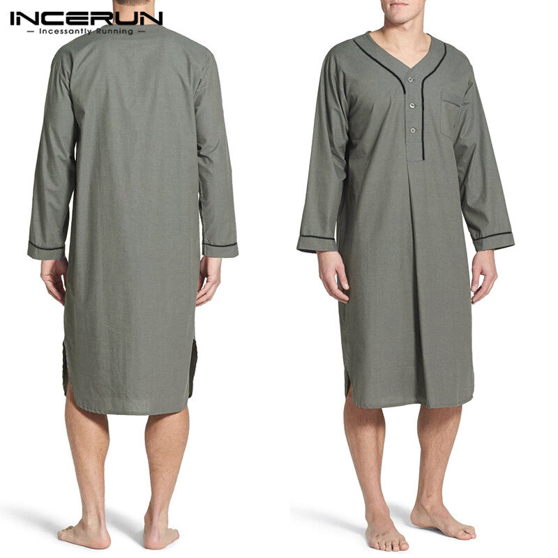 Men Sleep Robes Long Sleeve V Neck Button Homewear Leisure Cozy Bathrobe High Quality Mens Pajamas 2021 Nightgown Dress INCERUN