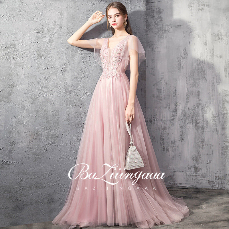 ドレス-ピンクのロングドレス2021 V,パール,ハイスリット,ノースリーブ,電車,トラペーズカット,ホルター,ラージサイズ