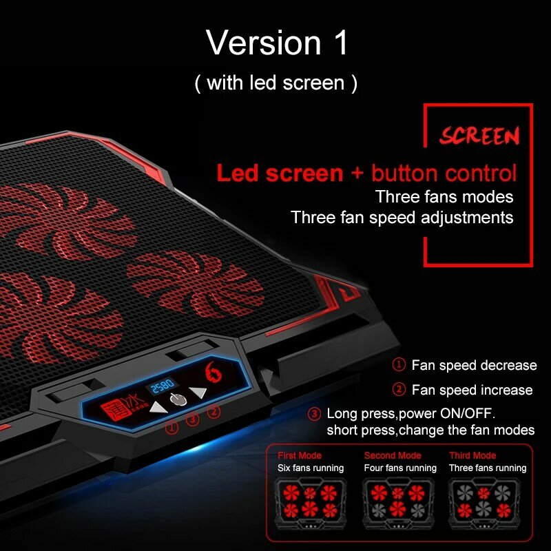 COOLCOLD-enfriador de ordenador portátil para videojuegos, almohadilla de refrigeración para Notebook, 6 ventiladores LED silenciosos de color rojo/azul, flujo de aire potente, soporte ajustable para portátil