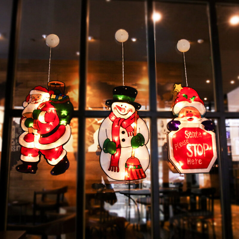 أضواء معلقة لنافذة عيد الميلاد على شكل بابا نويل ، زجاج للشفط ، جو زخرفي وإضاءة احتفالية