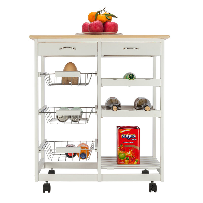 FCH Moveable Kitchen Cart with Two Drawers Two Wine Racks Three Baskets Kitchen Dining Car White