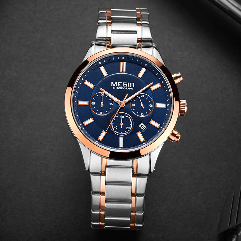 Neue männer Edelstahl Business Uhr MEGIR Luxus Marke Sport Chronograph Kreative Quarz Armbanduhr Wasserdicht Montre Homme