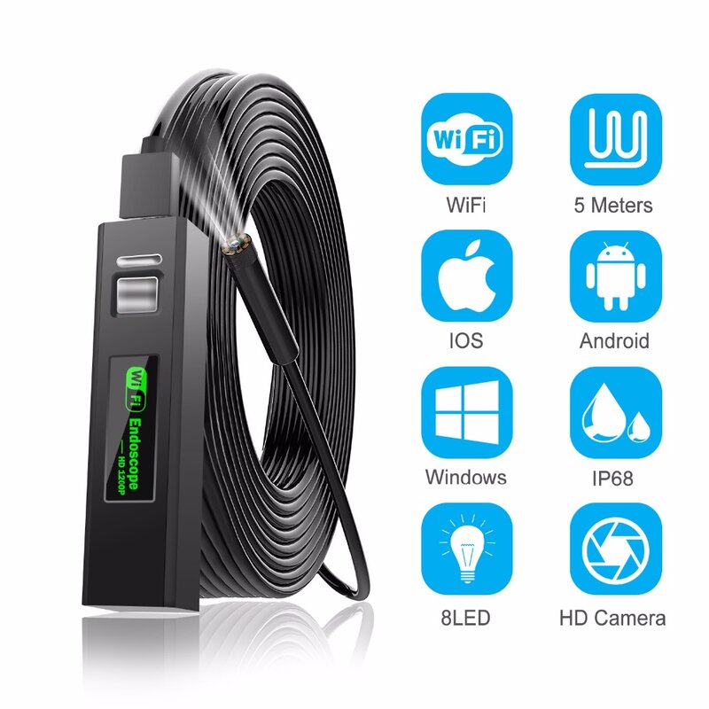 Cámara endoscópica inalámbrica, boroscopio HD de 2,0 MP, Cable de serpiente rígido para IOS, iPhone, Android, Samsung, Smartphone, tableta y PC