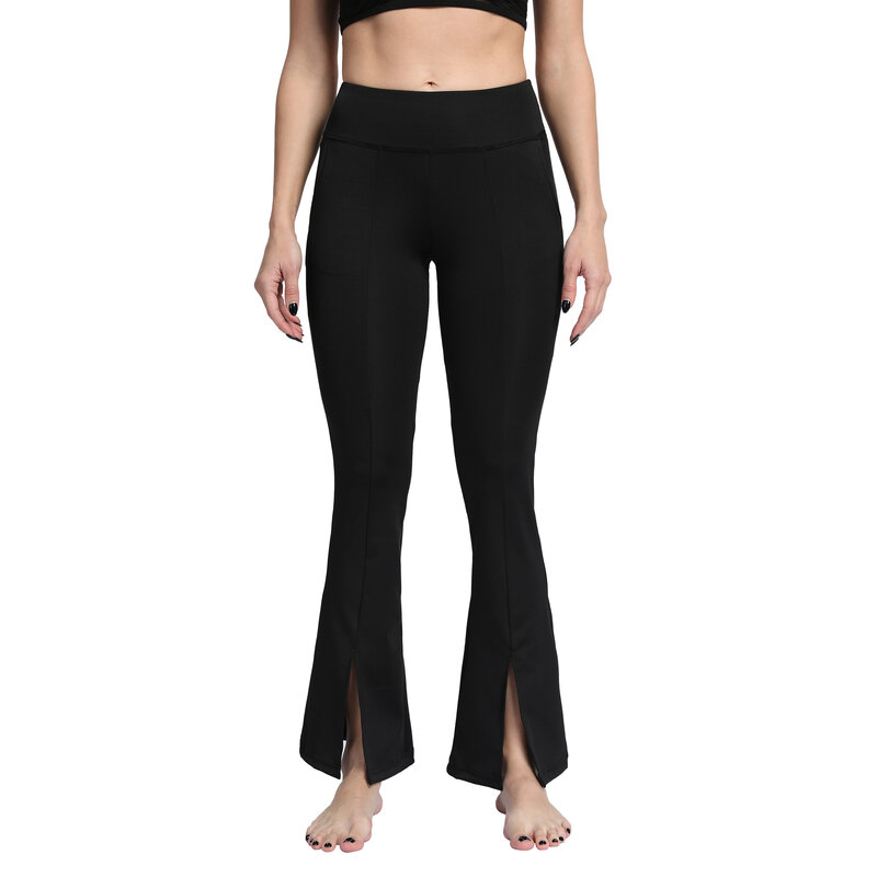 Preto calças de yoga para mulheres bolso chifre divisão ampla perna calças de cintura alta magro esporte lazer dança calças de fitness calças femininas