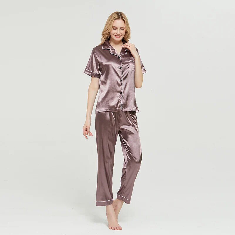 Conjunto de Pijama de seda sintética para mujer, ropa de dormir Sexy de satén, de talla grande, de manga corta
