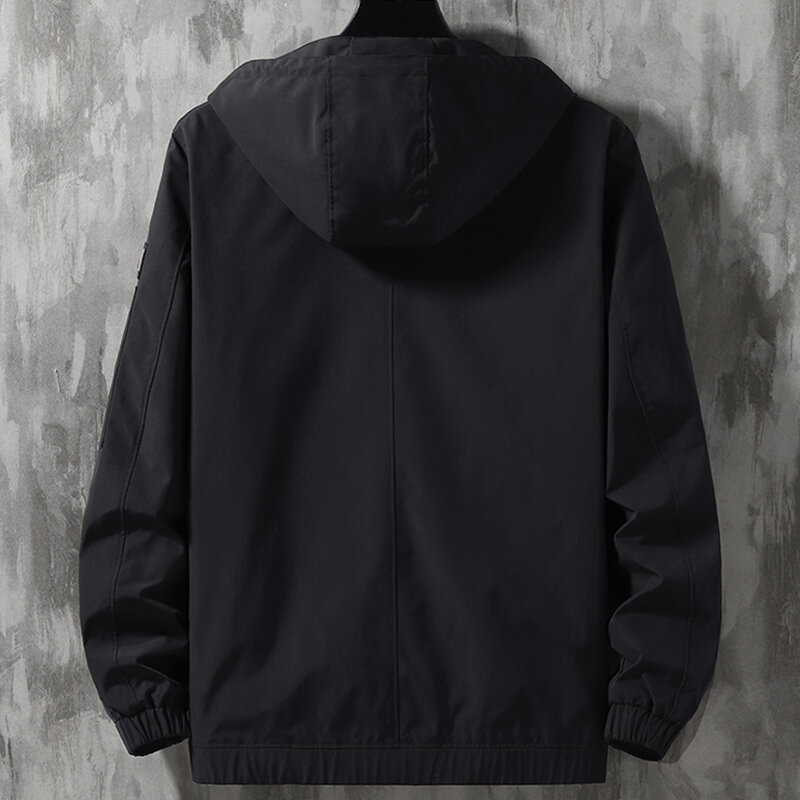Jaqueta quebra-vento masculina com capuz, primavera outono, preto, cáqui, multi bolsos, casaco com zíper, plus size, jaquetas casuais 9xl