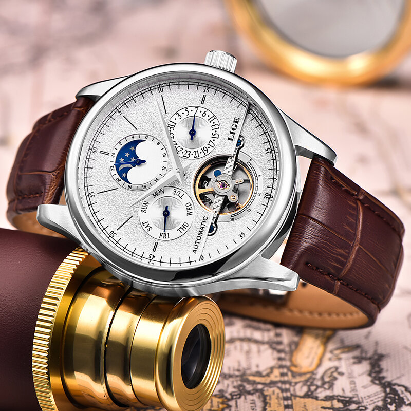2022 lige marca moda prata dos homens relógio mecânico masculino tourbillon relógios automáticos de couro casual relógio esportivo relojes hombre
