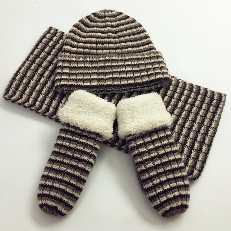 Conjunto de tres piezas de bufanda y guantes para niño, conjunto de bufanda, sombrero y guantes a rayas, Invierno