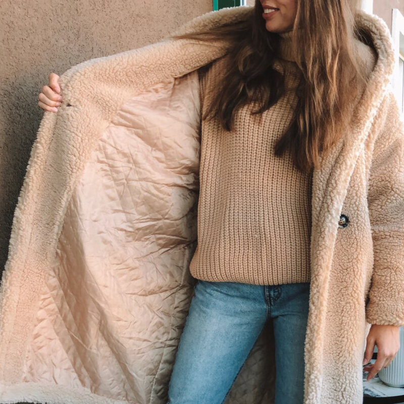 Chaqueta larga de felpa con capucha para mujer, abrigo cálido Vintage, informal, holgado, de piel sintética, a la moda, invierno, 2020
