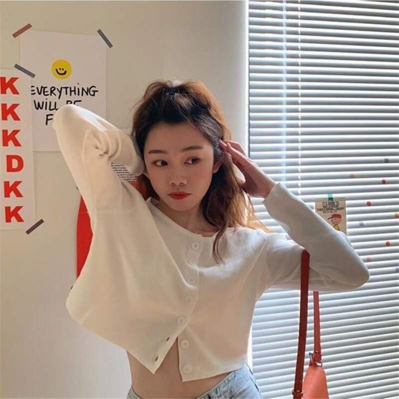 Koreaanse O-hals Korte Gebreide Truien Vrouwen Dunne Vest Mode Korte Mouw Zon Bescherming Crop Top Ropa Mujer Lente 2021