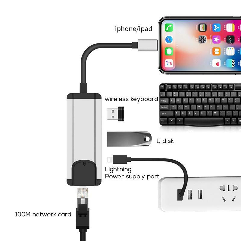 Błyskawica do RJ45 Ethernet Adapte iPhone do Ethernet RJ45 przewodowa sieć 4 w 1 USB 3.0 Hub OTG Adapter do ipada iPhone