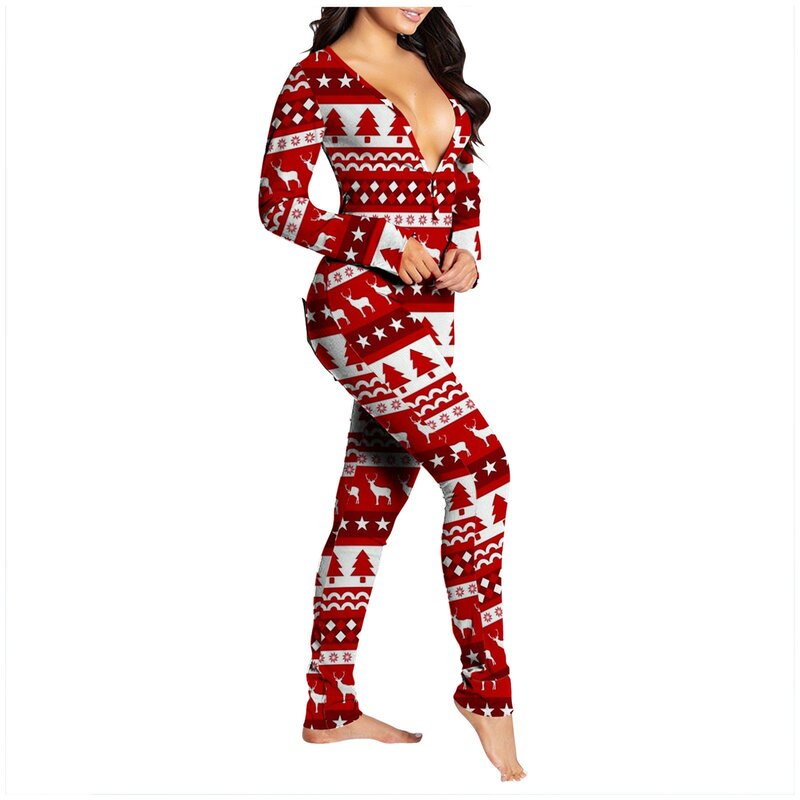 Pijama Sexy con estampado navideño para mujer, mono con cuello en V, monos con botones en la parte delantera y trasera, ropa de dormir
