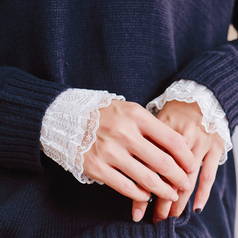 Blusa feminina mangas falsas flare, estampa floral renda pregueada punhos falsos suéter roupa aquecedores de pulso