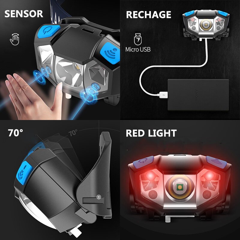 Z10 6000lm poderoso farol recarregável led corpo sensor de movimento cabeça lanterna acampamento tocha lâmpada luz com usb
