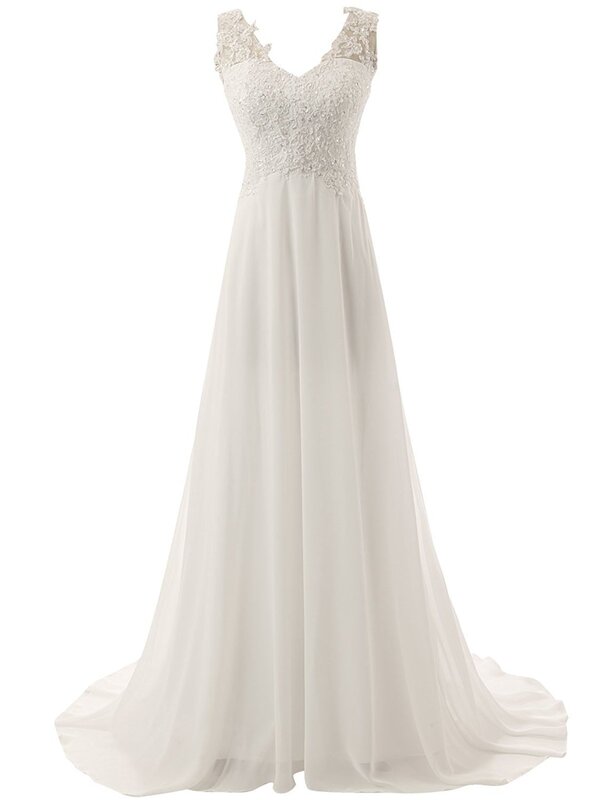 Beach Wedding Dresses Chiffon Lace Appliques Bridal Gown White/Lvory Backless Vestido De Noiva