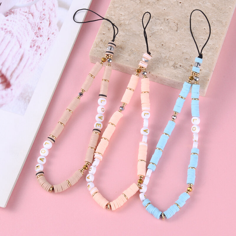 New Fashion Acrylic Letter Mobile Strap Lanyard Anti-Lost Telephone Jewelry Boho Black Polymer Clay Beads Mobile Phone Chain