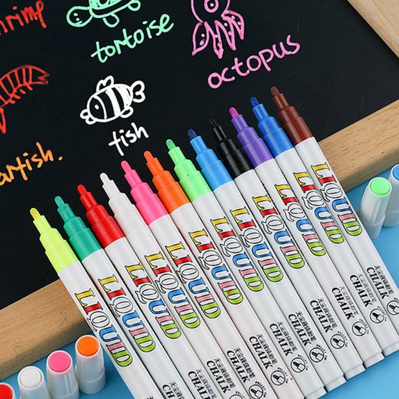 12 pc/set cores diferentes luz de giz líquido solúvel em água apagável escritório caneta marcador desenho fonte escola placa caneta criança s5f7