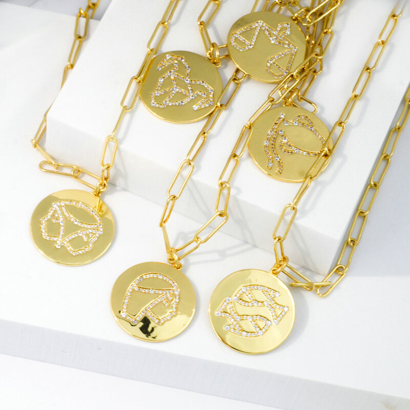 Collar con colgante para mujer, de los 12 zodiaco con diseño de joyería de moda, collar con incrustaciones de circonio, cadena de oro, nuevo 2021