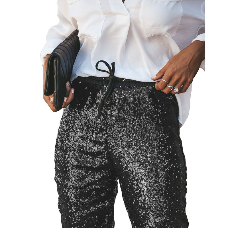 ファッション女性スパンコールロングパンツ2021春の新作秋puレザー黒のズボン無地ウエストゴム女性パンツ
