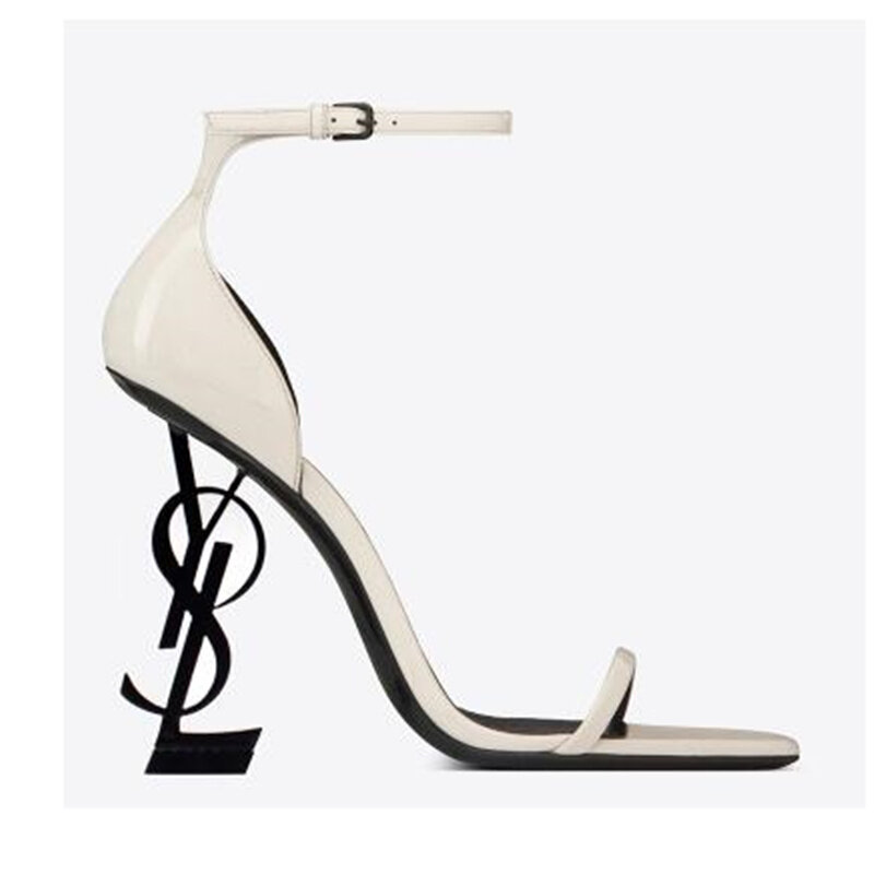 2021 y estilo clássicos marca de salto alto sandália couro genuíno 10cm carta calcanhar sapatos casamento feminino couro patente