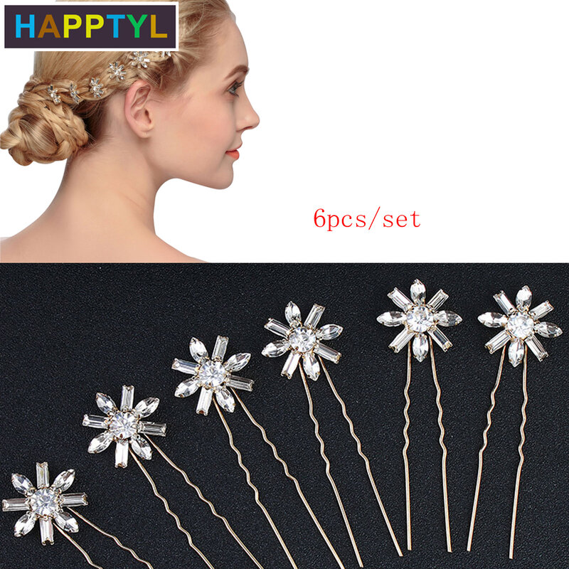 HAPPTYL 6Pcs/Set Fashion Party Wedding Bridals U Shape Hair Clips Women Crystals Hairpins Hair Pins Jewelry