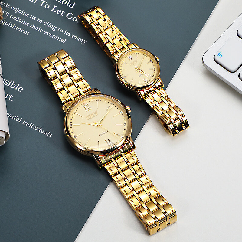 KKY Marke Neue Klassische Stil Gold Uhr Paar Liebhaber Uhren Mode Luxus Edelstahl Männer & Frauen Uhr Orologi Coppia 2021