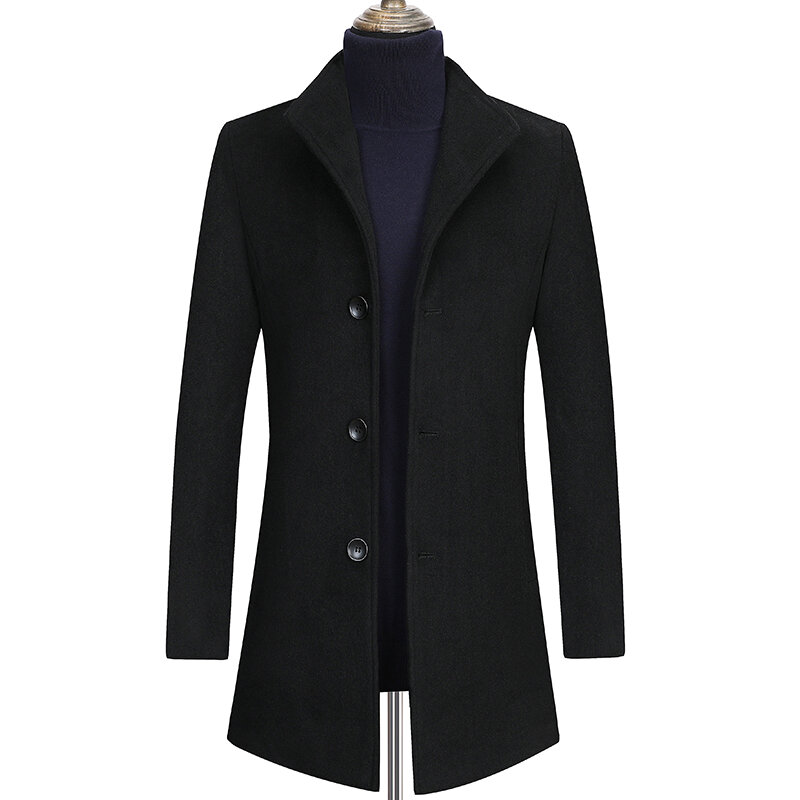 Мужское шерстяное пальто с воротником-стойкой, утепленное деловое пальто большого размера с длинным рукавом, Осень-зима