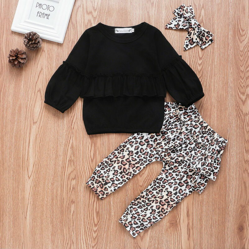 PUDCOCO 3PCS Newborn Baby Girl Ruffle Tops + Long Pants + Headband Leopard Print Outfits Clothes Outfits Support wholesale 0-3T