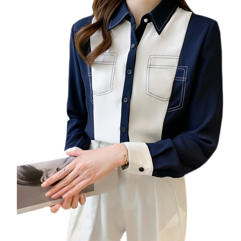 قمصان حريمي شيفون موضة كورية قميص أبيض بأزرار مكتب للسيدات بأكمام طويلة ملابس علوية للسيدات