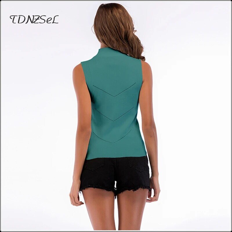 2020 Casual Blouse Slim Tank For Women Solid Color Ladies Cotton Summer Sleeveless Blouses Turtleneck Knitted Tops Pullovers New