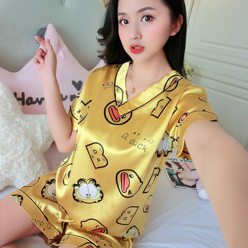 Juego de pijama de satén de seda sintética para mujer, ropa de dormir para el hogar de manga corta, blusa de dormir simple