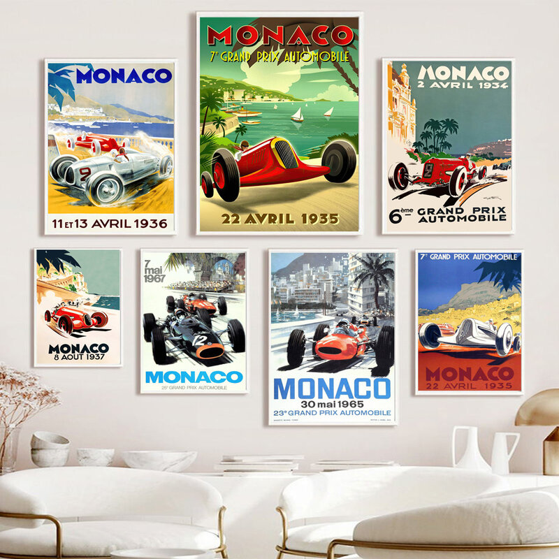 Formuła 1 wyścigi samochodowe Monaco Grand Prix Vintage obraz ścienny na płótnie plakat skandynawski drukuj zdjęcia ścienny do wystrój salonu
