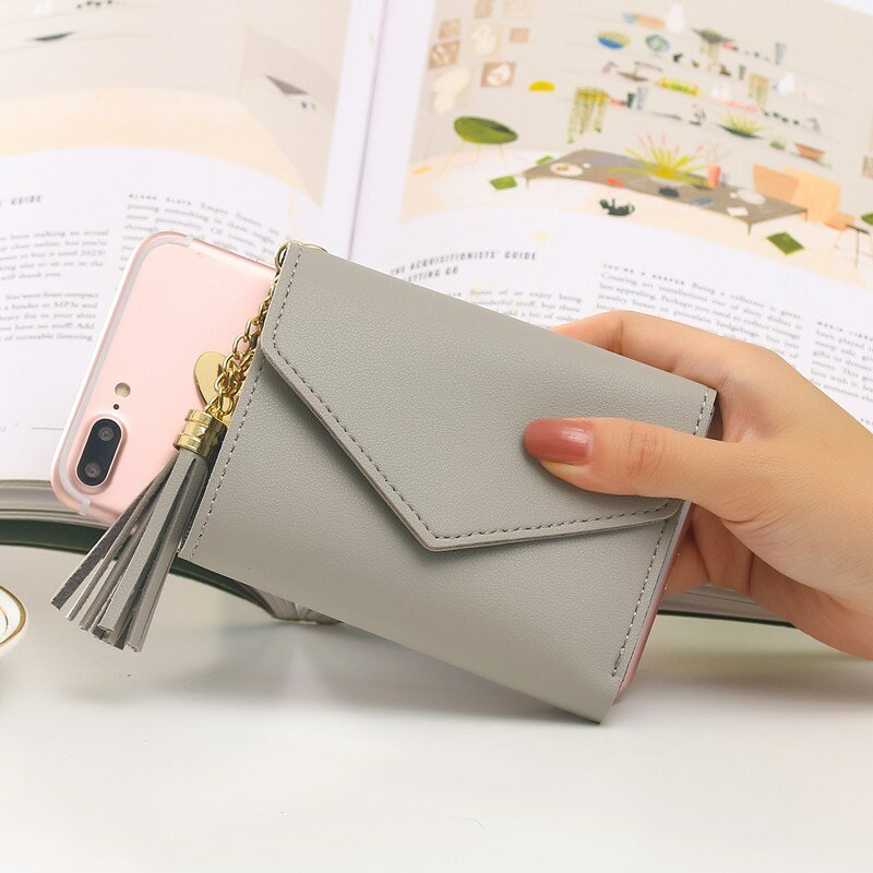 Wallets Women Solid PU Leather Tassel Pendant Card-holder Hasp Coin Purse Cute Female Trendy Small Mini Money Bag Chic All-match
