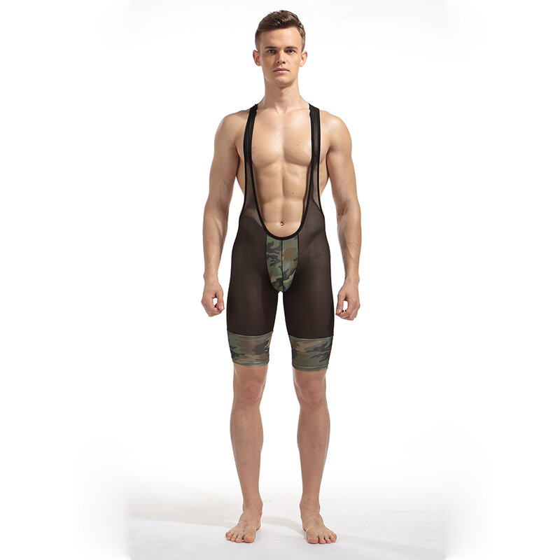 Body transparente com camuflagem macio, roupa íntima sexy para homens, modelo boxer e luta livre de malha