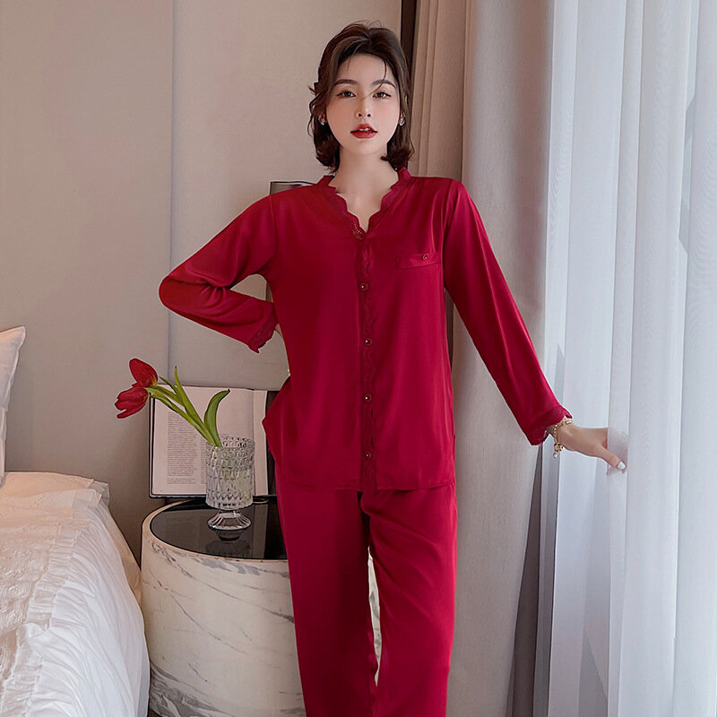 Новая Осенняя кружевная пижама из шелка, Женская милая сетчатая красная пижама из двух частей для домашнего использования