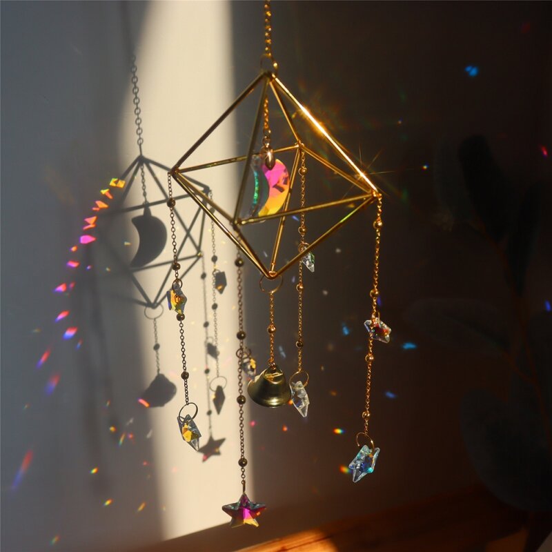 Gold-plated Metal Frame Wind Chimes Crystal Wind Chimes Bells Wind Chimes Star and moon Accessories 45*9cm