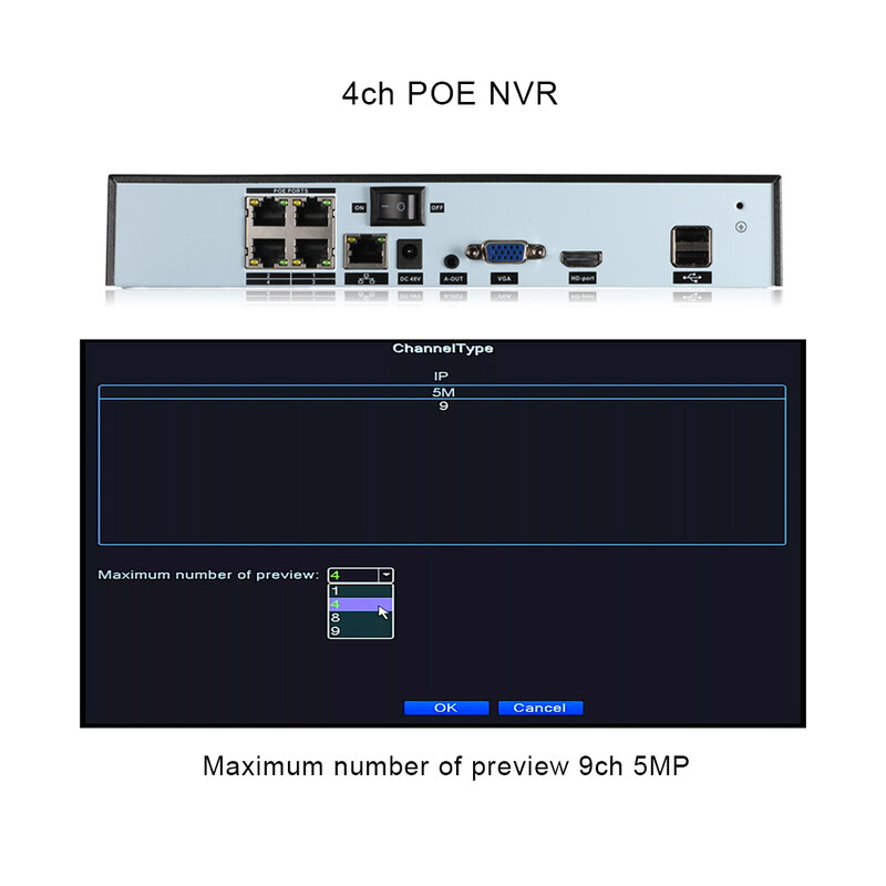 XMeye 4ch 8ch 5MP POE NVR 얼굴 인식 H.265 + Onvif 네트워크 비디오 레코더 1 HDD 24/7 녹화 IP 카메라 Onvif P2P 시스템